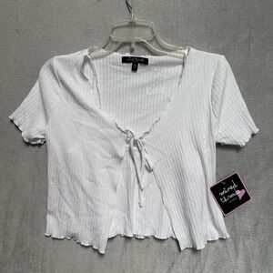 Mixed Threads Shirt Juniors Medium White Ribbed Tie Front Cropped‎ Ruffle